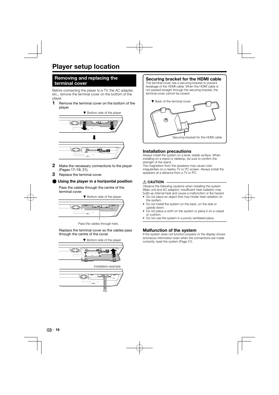 Player setup location, Removing and replacing the terminal cover | Kenwood BD-7000 User Manual | Page 17 / 55