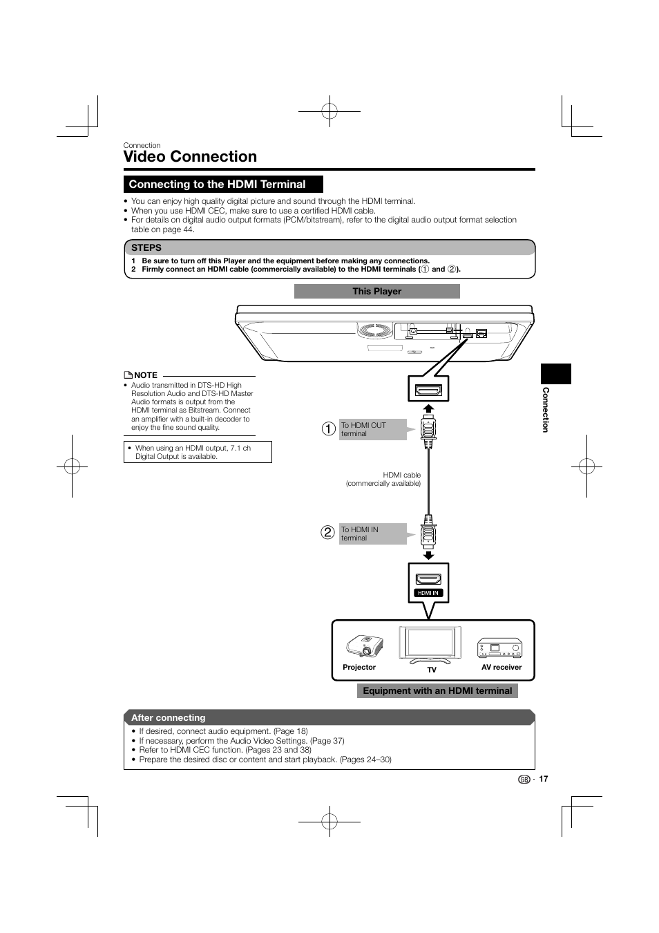 Video connection, Connecting to the hdmi terminal | Kenwood BD-7000 User Manual | Page 18 / 55