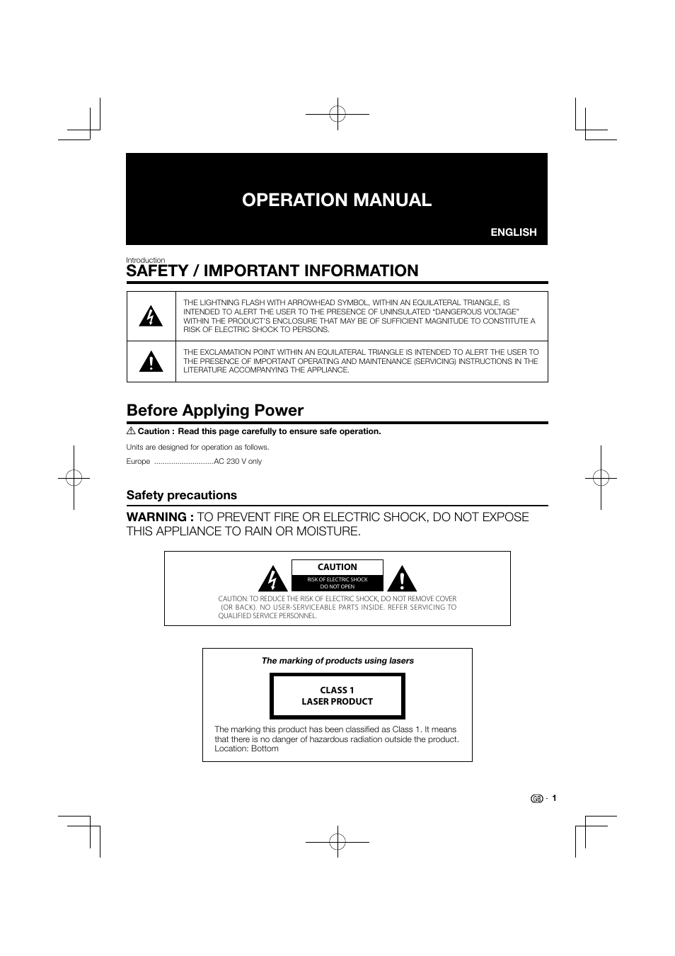 Operation manual, Safety / important information, Before applying power | Kenwood BD-7000 User Manual | Page 2 / 55