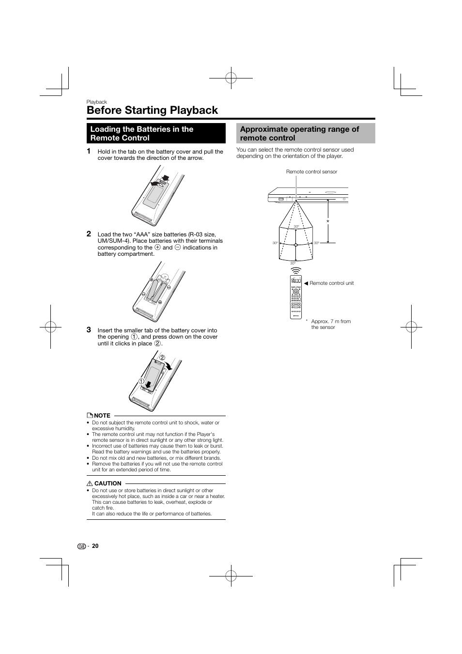 Before starting playback, Loading the batteries in the remote control 1, Approximate operating range of remote control | Kenwood BD-7000 User Manual | Page 21 / 55