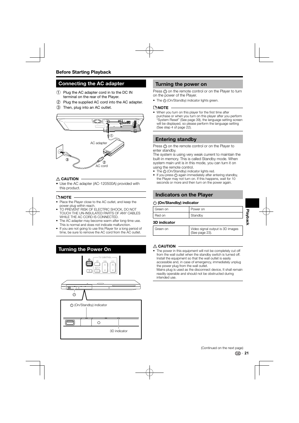 Connecting the ac adapter, Turning the power on turning the power on, Entering standby | Indicators on the player | Kenwood BD-7000 User Manual | Page 22 / 55