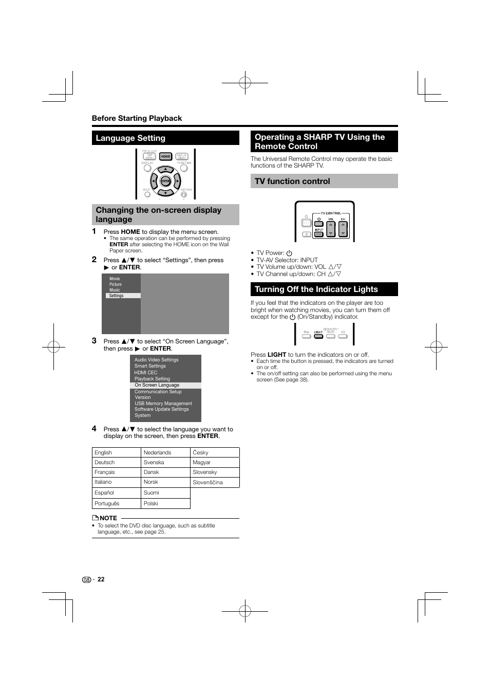 Operating a sharp tv using the remote control, Tv function control, Turning off the indicator lights | Kenwood BD-7000 User Manual | Page 23 / 55