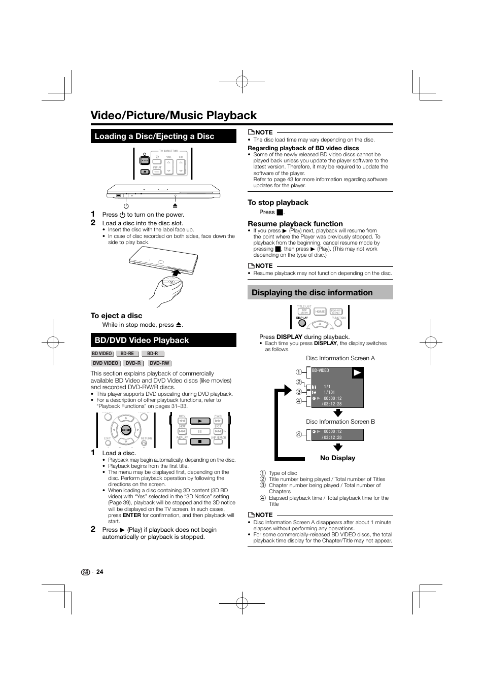 Video/picture/music playback, Loading a disc/ejecting a disc 1, Bd/dvd video playback | Displaying the disc information | Kenwood BD-7000 User Manual | Page 25 / 55