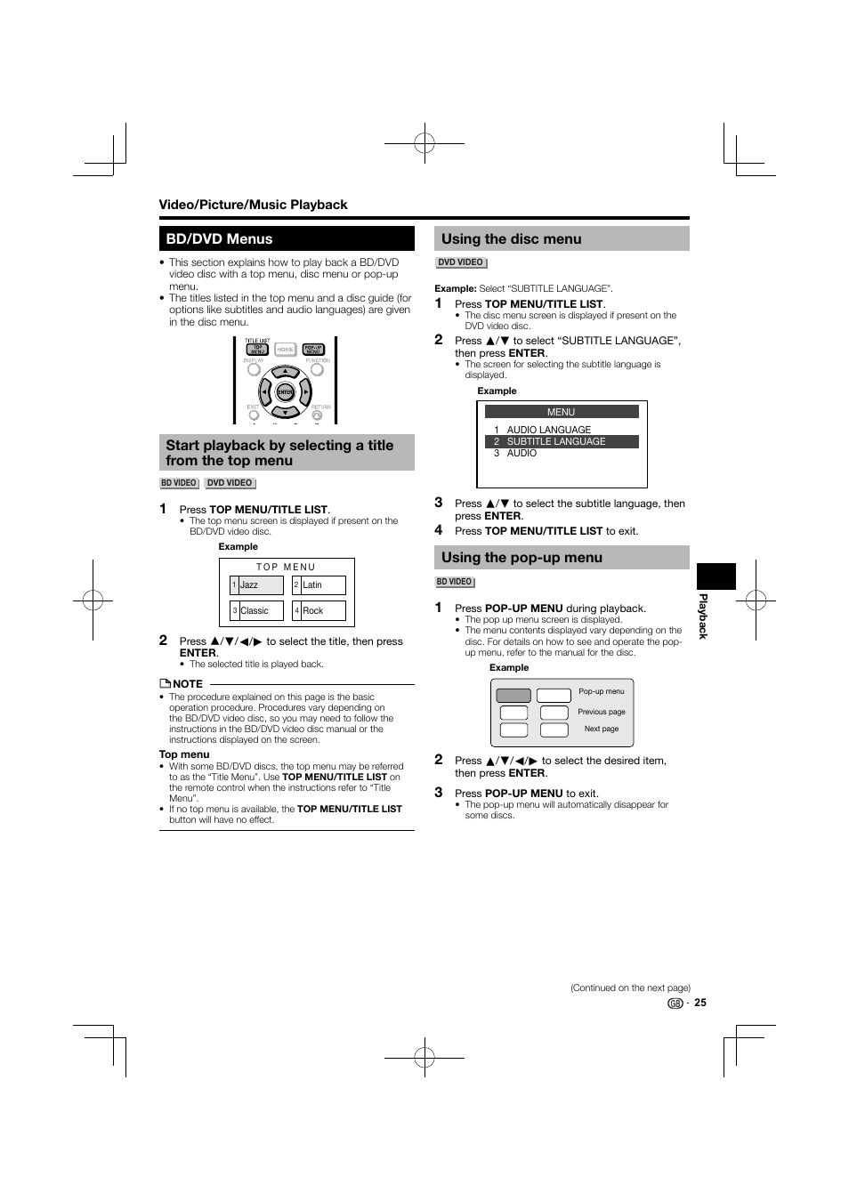 Bd/dvd menus, Using the disc menu, Using the pop-up menu | Kenwood BD-7000 User Manual | Page 26 / 55