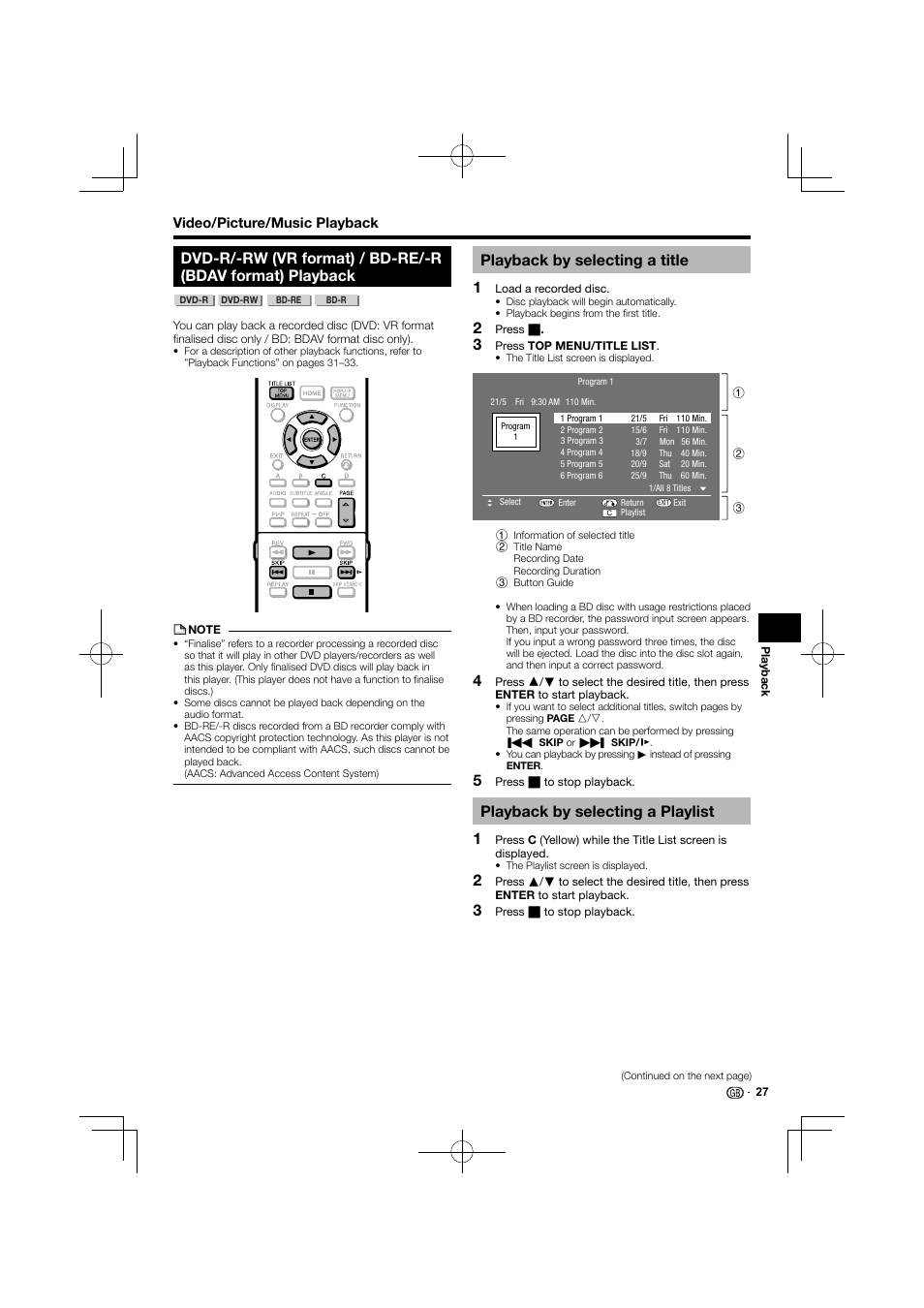 Playback by selecting a title 1, Playback by selecting a playlist 1 | Kenwood BD-7000 User Manual | Page 28 / 55