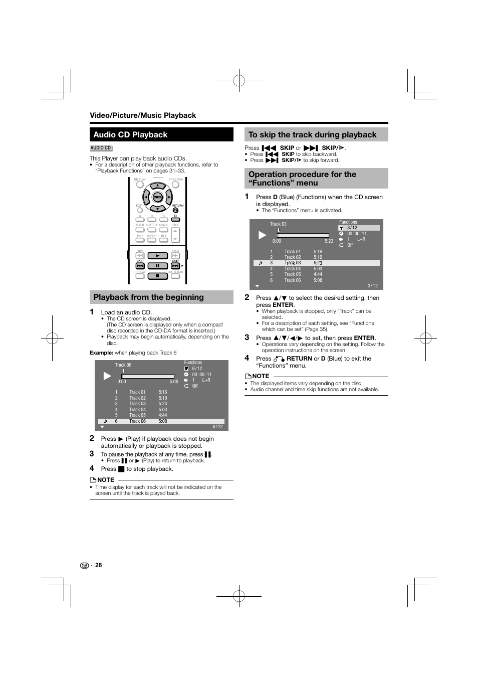 Audio cd playback, Playback from the beginning 1, Operation procedure for the “functions” menu 1 | Kenwood BD-7000 User Manual | Page 29 / 55