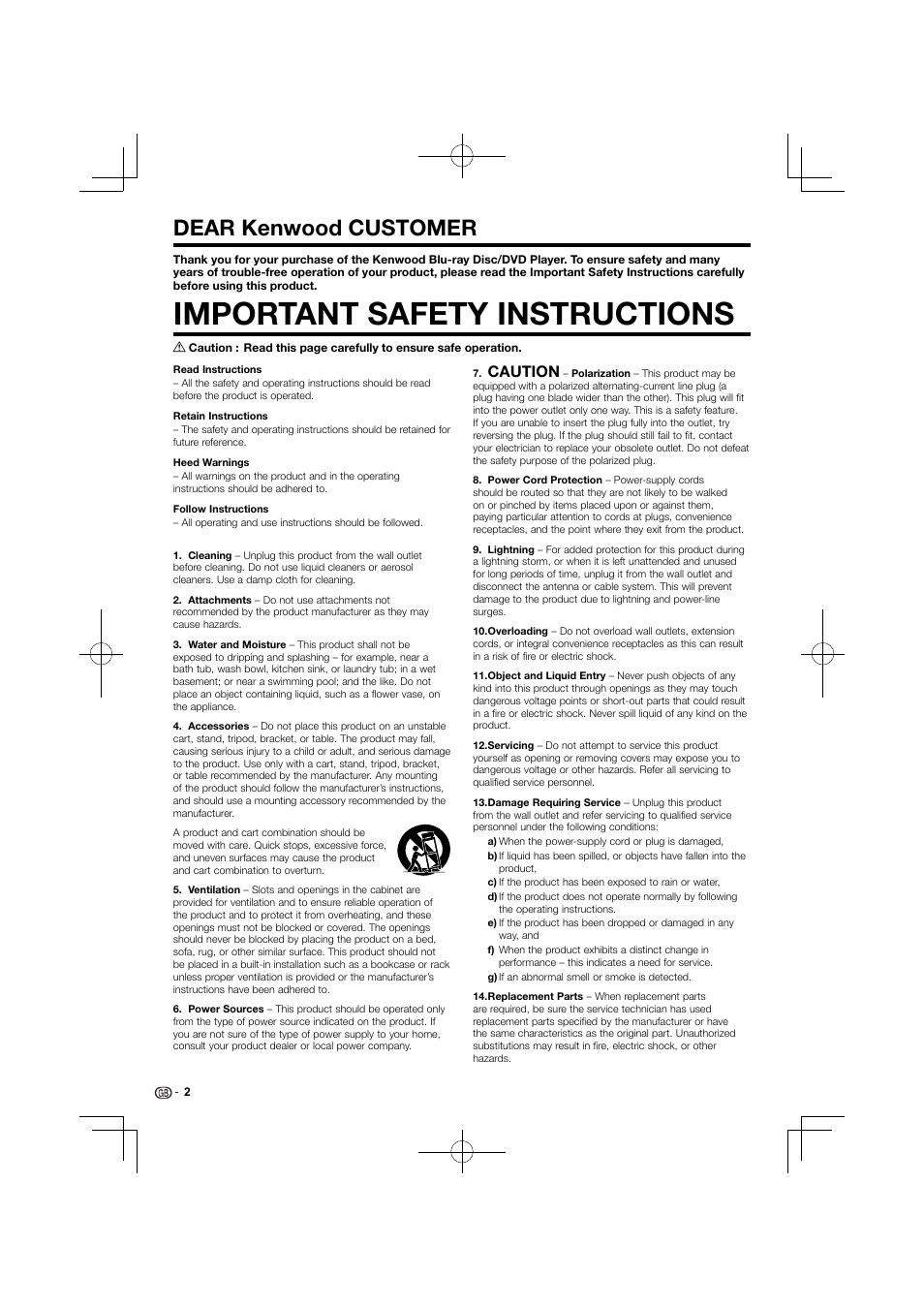 Important safety instructions, Dear kenwood customer, Caution | Kenwood BD-7000 User Manual | Page 3 / 55