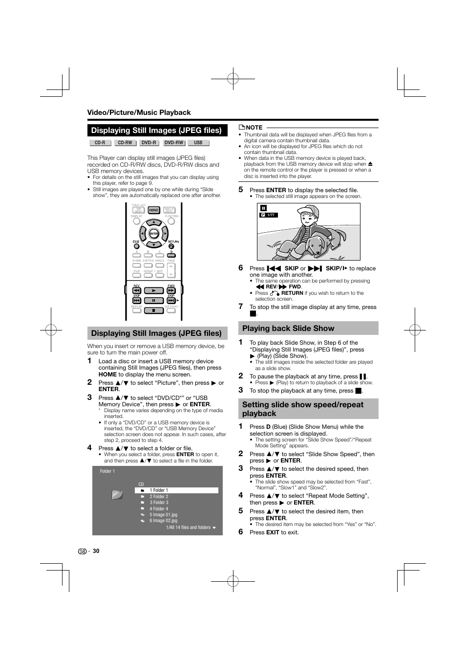 Displaying still images (jpeg files), Playing back slide show 1, Setting slide show speed/repeat playback 1 | Kenwood BD-7000 User Manual | Page 31 / 55