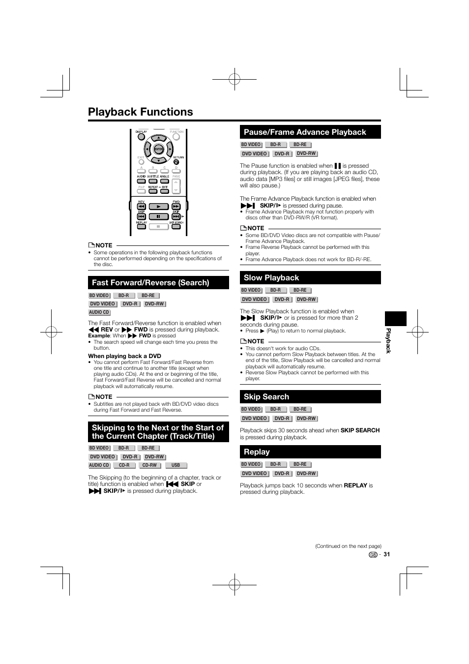 Playback functions, Fast forward/reverse (search), Pause/frame advance playback | Slow playback, Skip search, Replay | Kenwood BD-7000 User Manual | Page 32 / 55