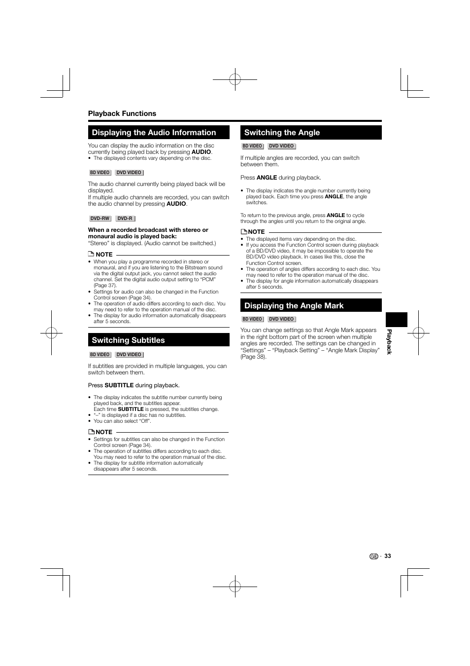 Displaying the audio information, Switching subtitles, Switching the angle | Displaying the angle mark | Kenwood BD-7000 User Manual | Page 34 / 55