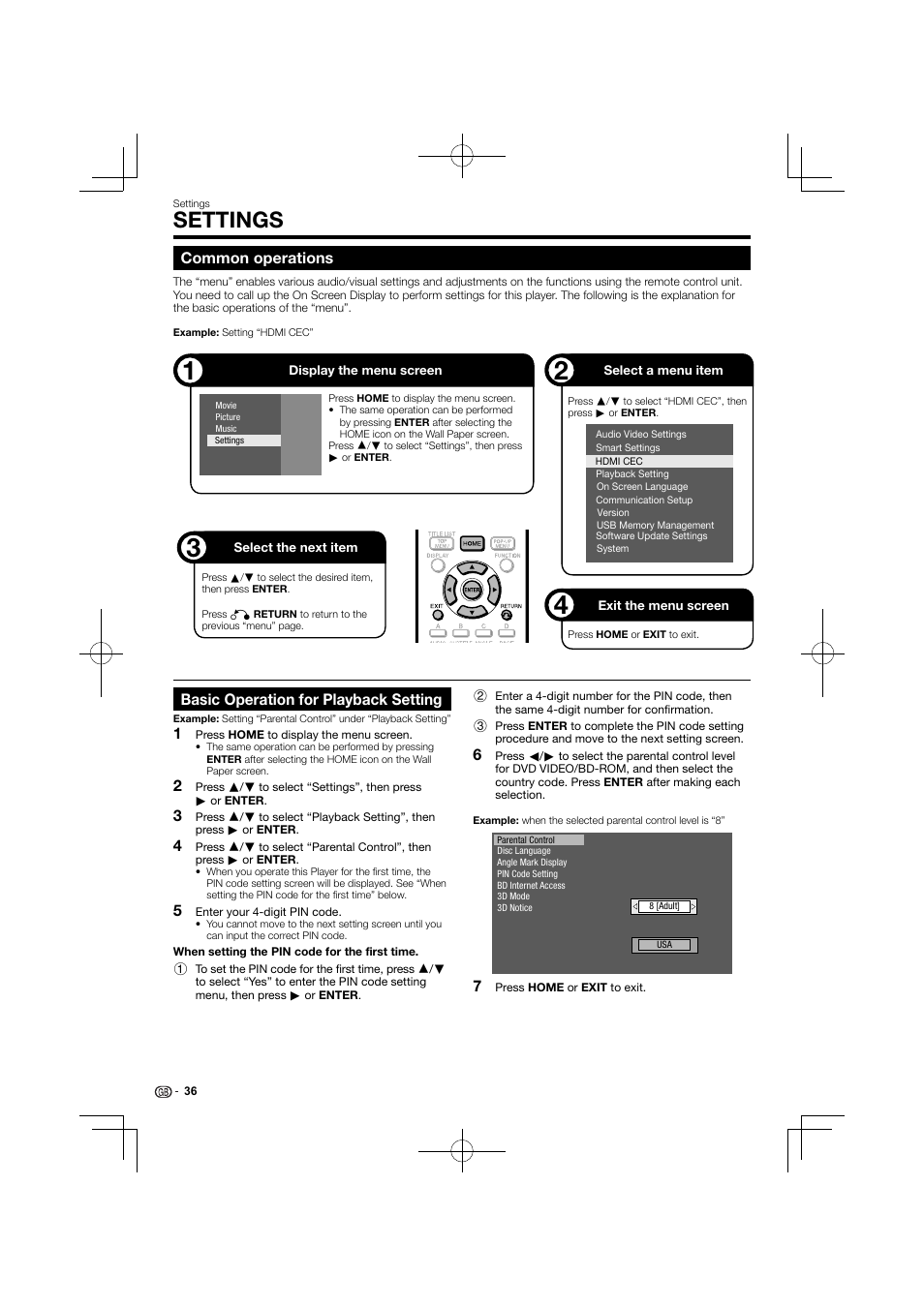 Settings, Common operations, Basic operation for playback setting | Kenwood BD-7000 User Manual | Page 37 / 55