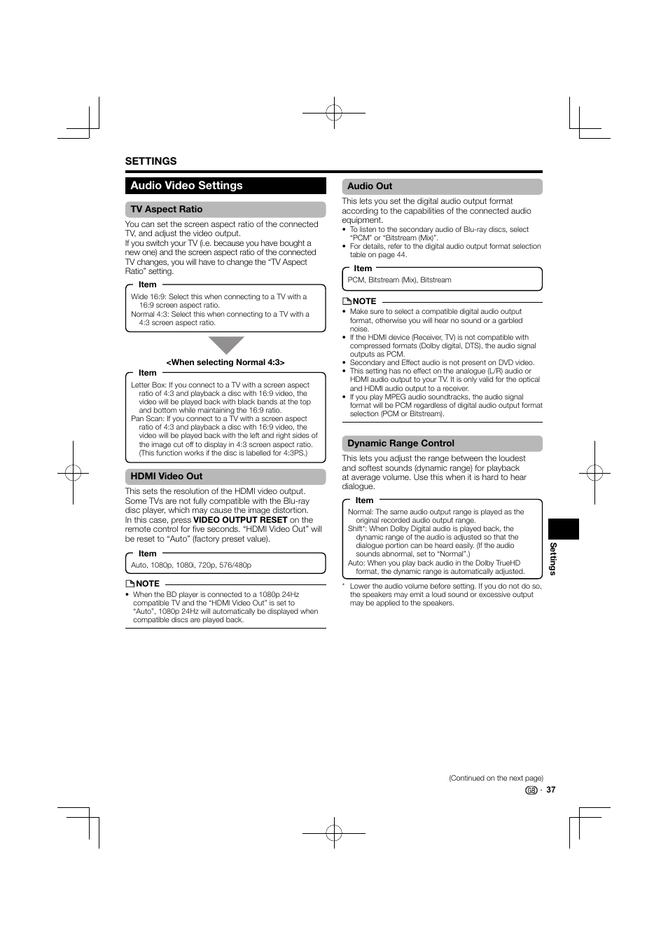 Audio video settings | Kenwood BD-7000 User Manual | Page 38 / 55