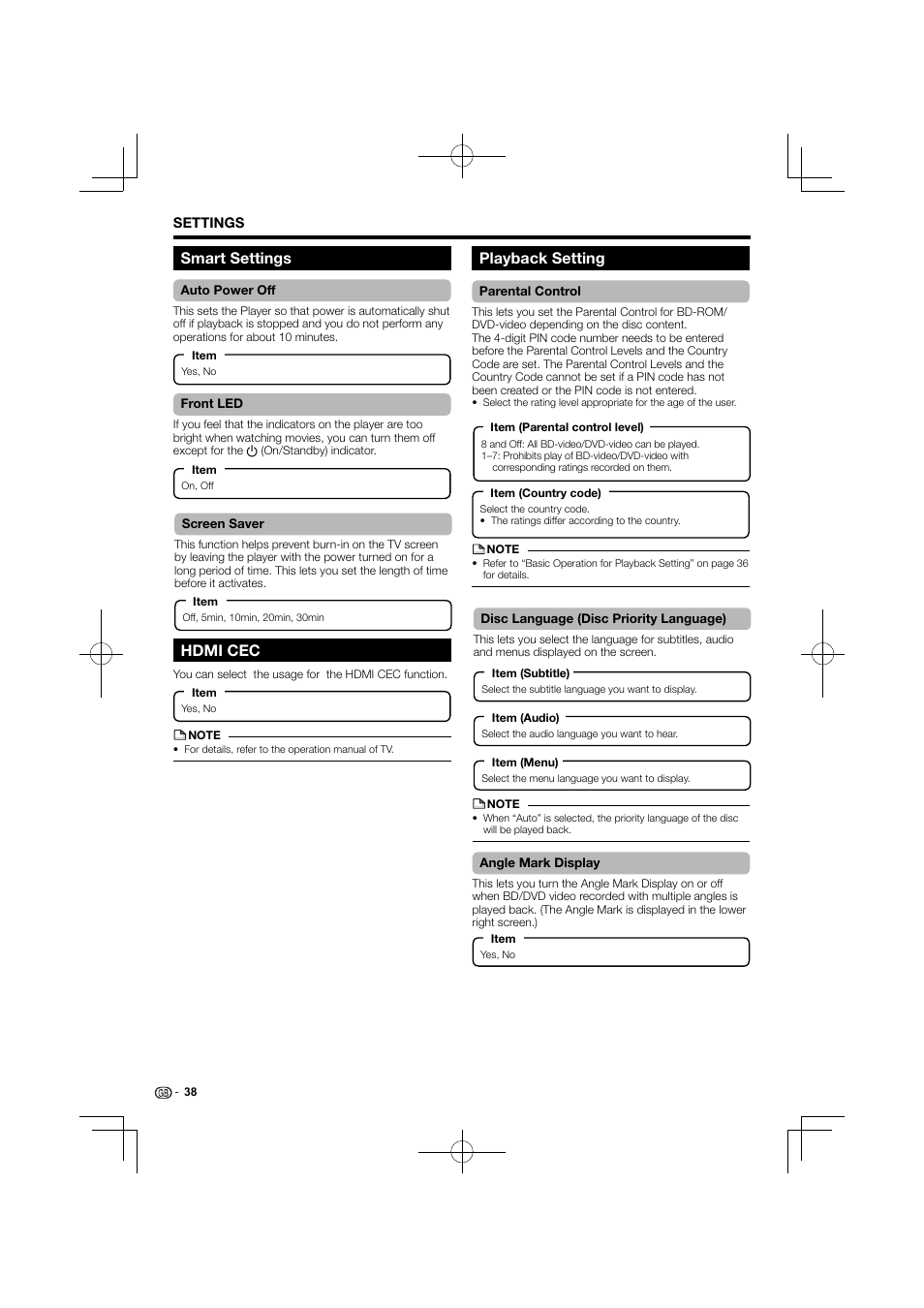 Smart settings hdmi cec, Playback setting | Kenwood BD-7000 User Manual | Page 39 / 55