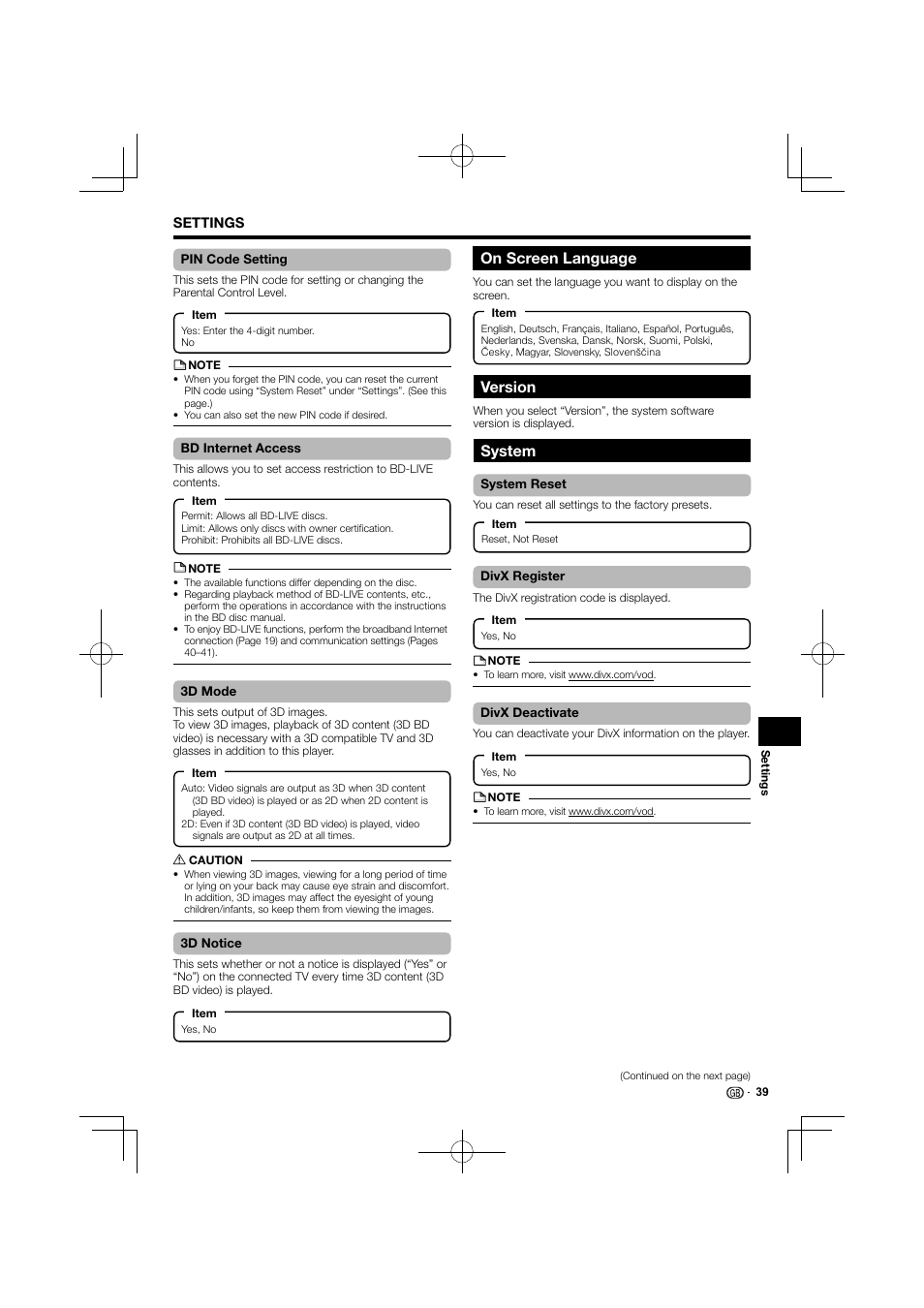 Version, System, On screen language | Kenwood BD-7000 User Manual | Page 40 / 55