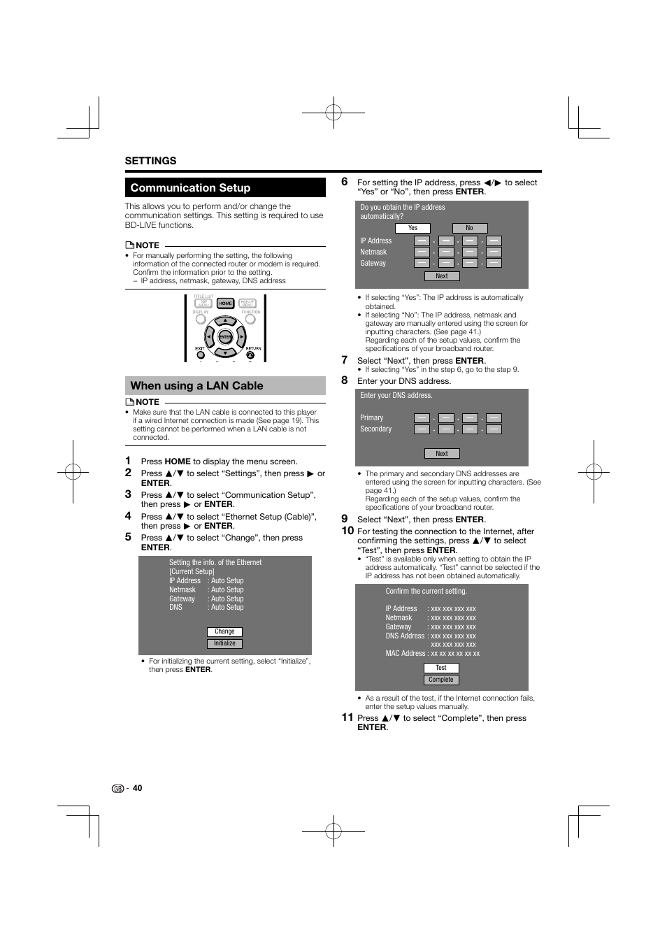 Communication setup, When using a lan cable | Kenwood BD-7000 User Manual | Page 41 / 55