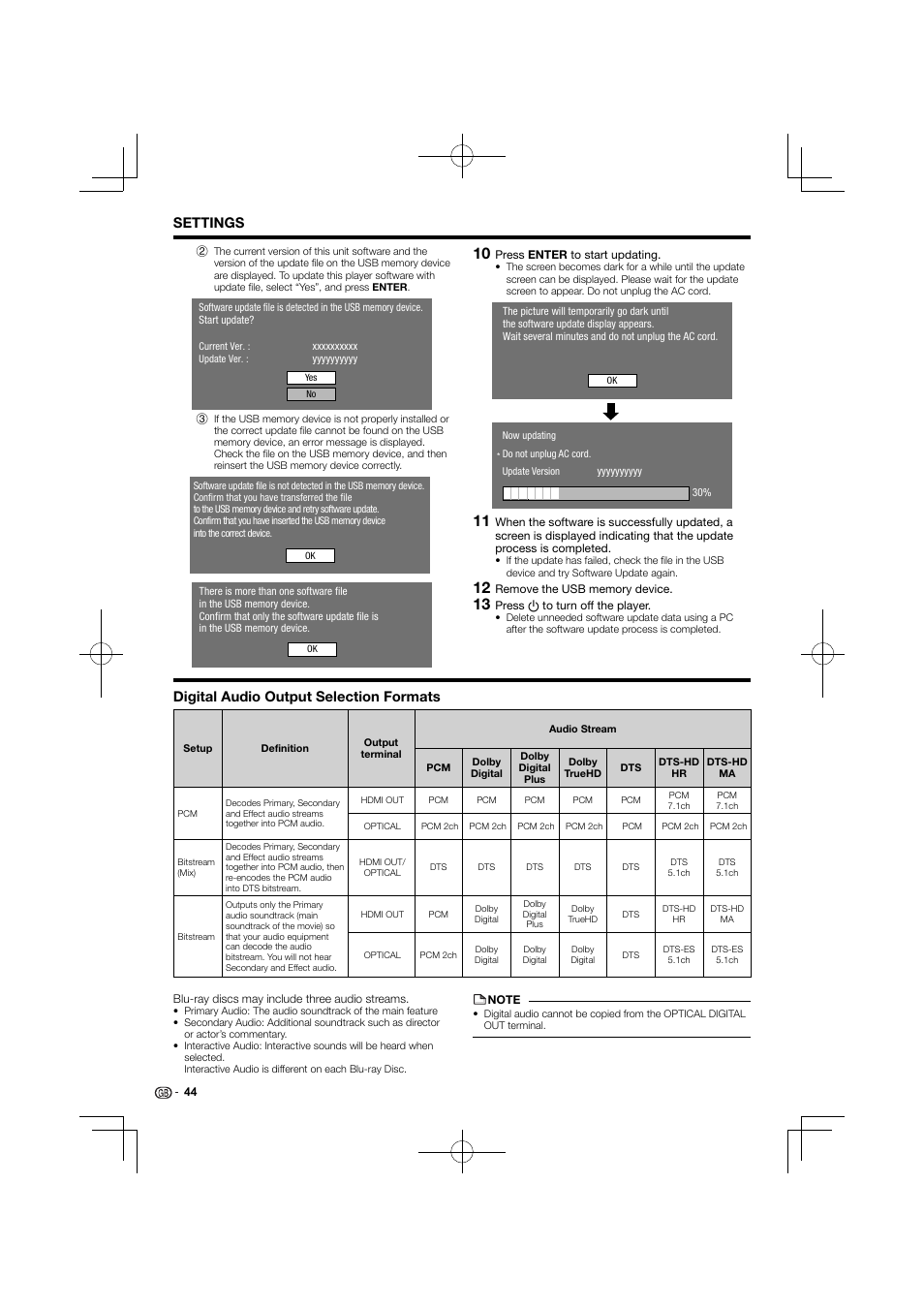 Settings, Digital audio output selection formats | Kenwood BD-7000 User Manual | Page 45 / 55