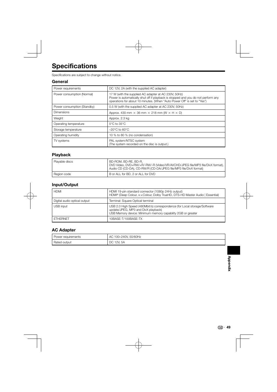 Specifications, General, Playback | Input/output, Ac adapter | Kenwood BD-7000 User Manual | Page 50 / 55