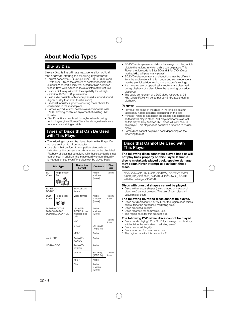 About media types, Blu-ray disc, Types of discs that can be used with this player | Discs that cannot be used with this player | Kenwood BD-7000 User Manual | Page 9 / 55