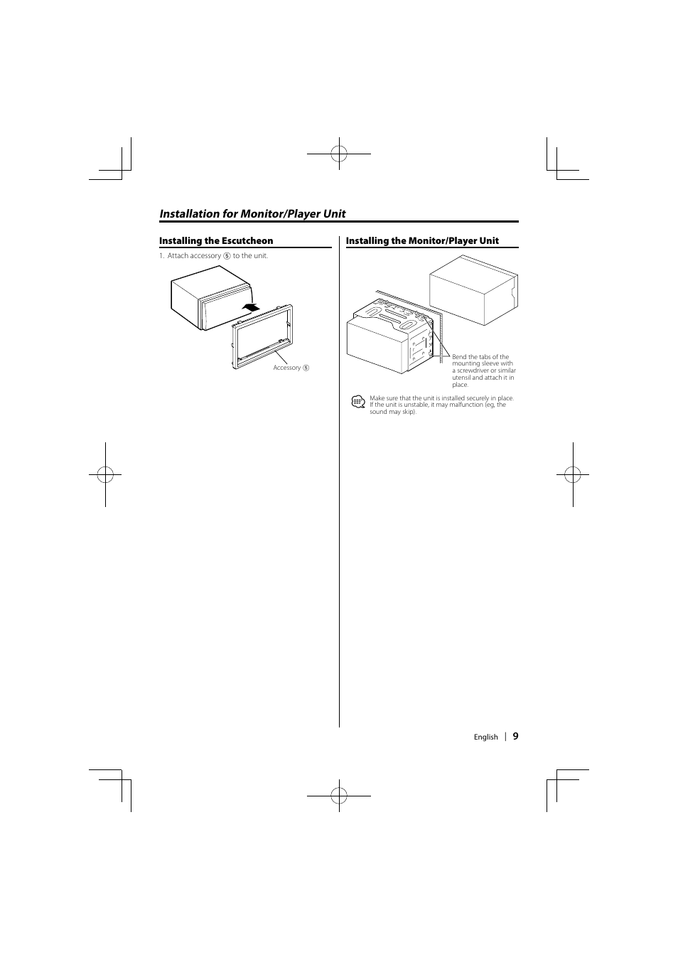 Installation for monitor/player unit | Kenwood DDX5026 User Manual | Page 9 / 12
