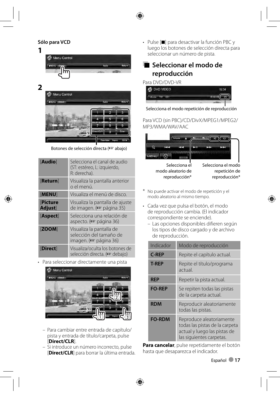 Seleccionar el modo de reproducción | Kenwood DDX3028 User Manual | Page 17 / 62