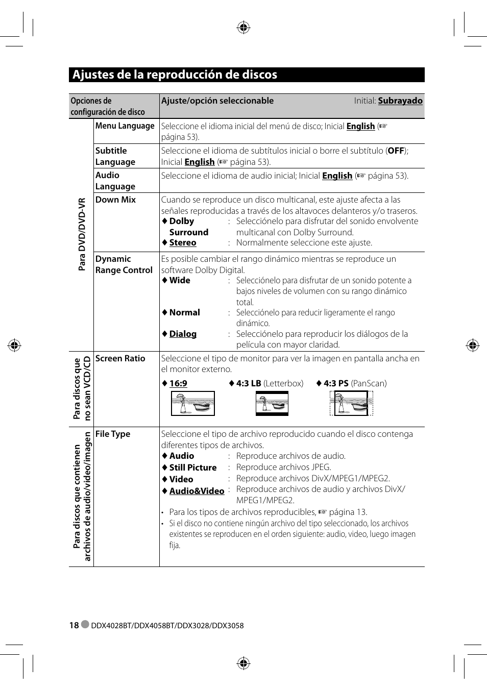 Ajustes de la reproducción de discos | Kenwood DDX3028 User Manual | Page 18 / 62