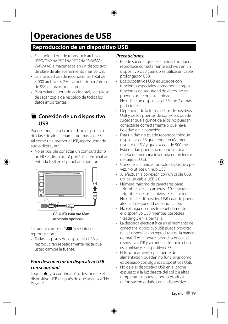 Operaciones de usb, Reproducción de un dispositivo usb, Conexión de un dispositivo usb | Kenwood DDX3028 User Manual | Page 19 / 62