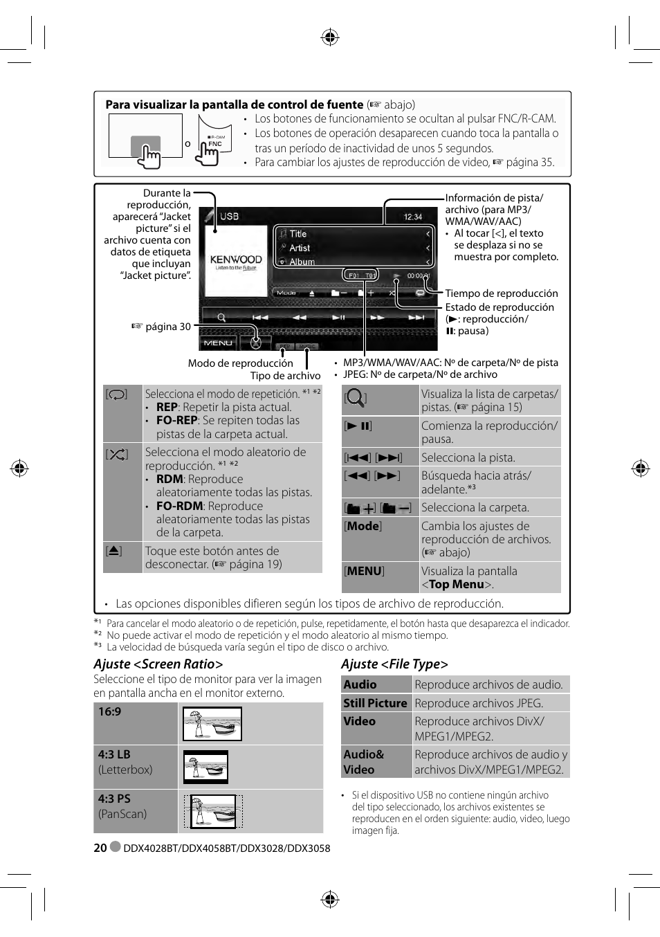 Ajuste <file type, Ajuste <screen ratio | Kenwood DDX3028 User Manual | Page 20 / 62