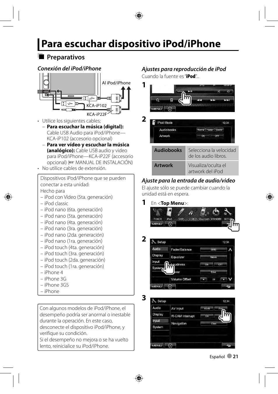 Para escuchar dispositivo ipod/iphone | Kenwood DDX3028 User Manual | Page 21 / 62