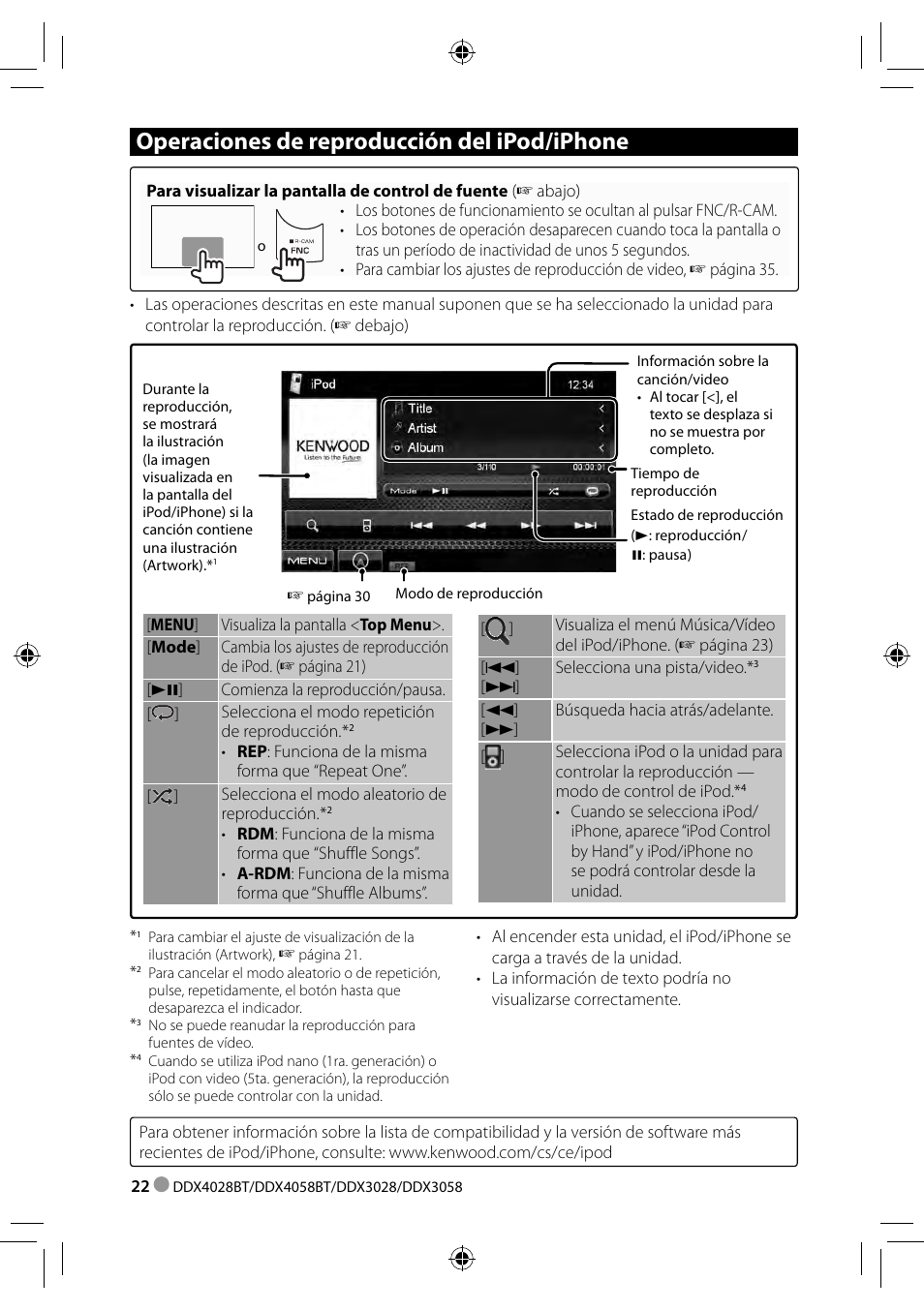 Operaciones de reproducción del ipod/iphone | Kenwood DDX3028 User Manual | Page 22 / 62