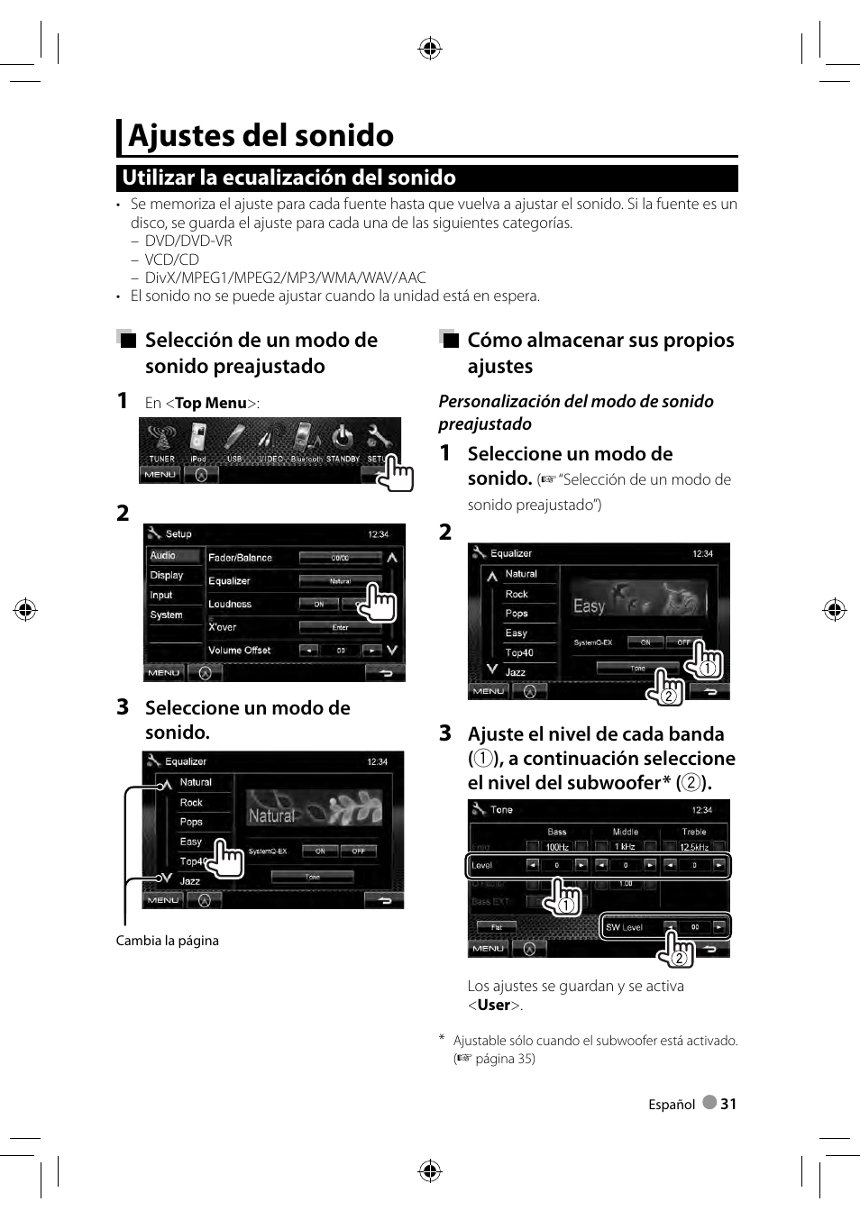 Ajustes del sonido, Utilizar la ecualización del sonido | Kenwood DDX3028 User Manual | Page 31 / 62