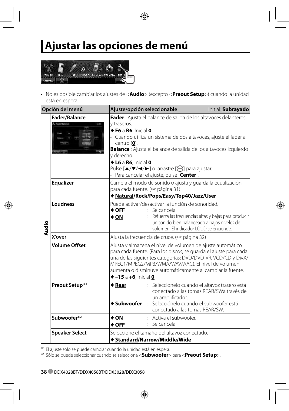 Ajustar las opciones de menú | Kenwood DDX3028 User Manual | Page 38 / 62