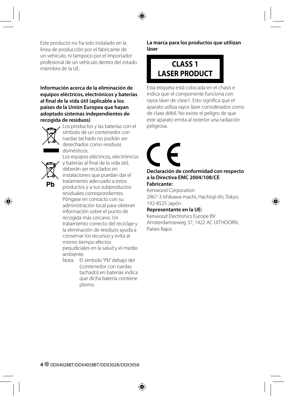 Class 1 laser product | Kenwood DDX3028 User Manual | Page 4 / 62