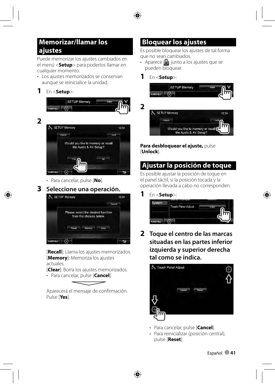 Bloquear los ajustes, Ajustar la posición de toque | Kenwood DDX3028 User Manual | Page 41 / 62