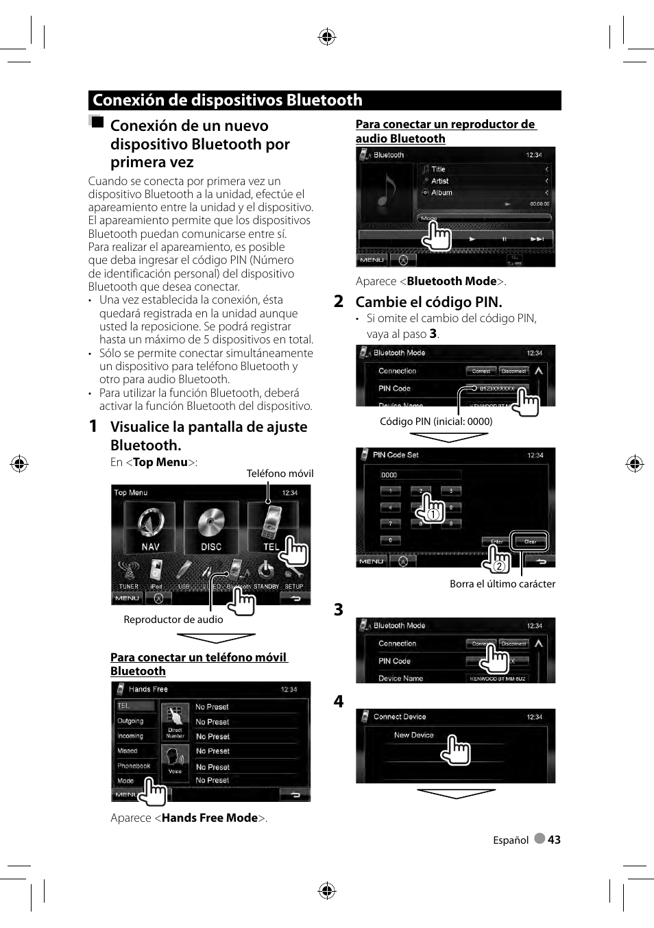 Conexión de dispositivos bluetooth | Kenwood DDX3028 User Manual | Page 43 / 62