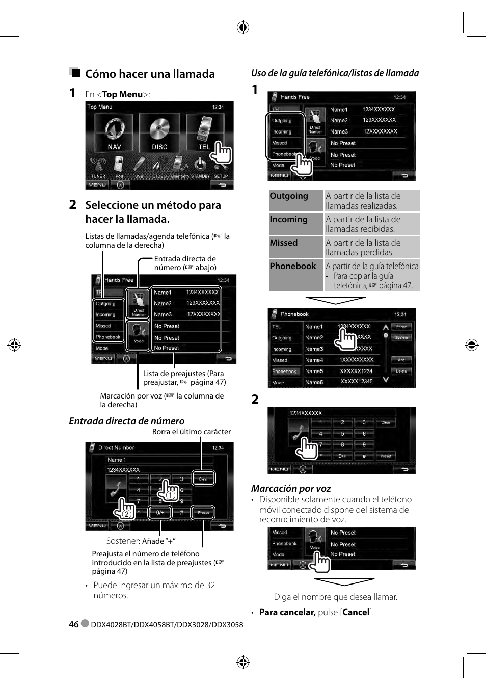 Cómo hacer una llamada, Seleccione un método para hacer la llamada | Kenwood DDX3028 User Manual | Page 46 / 62