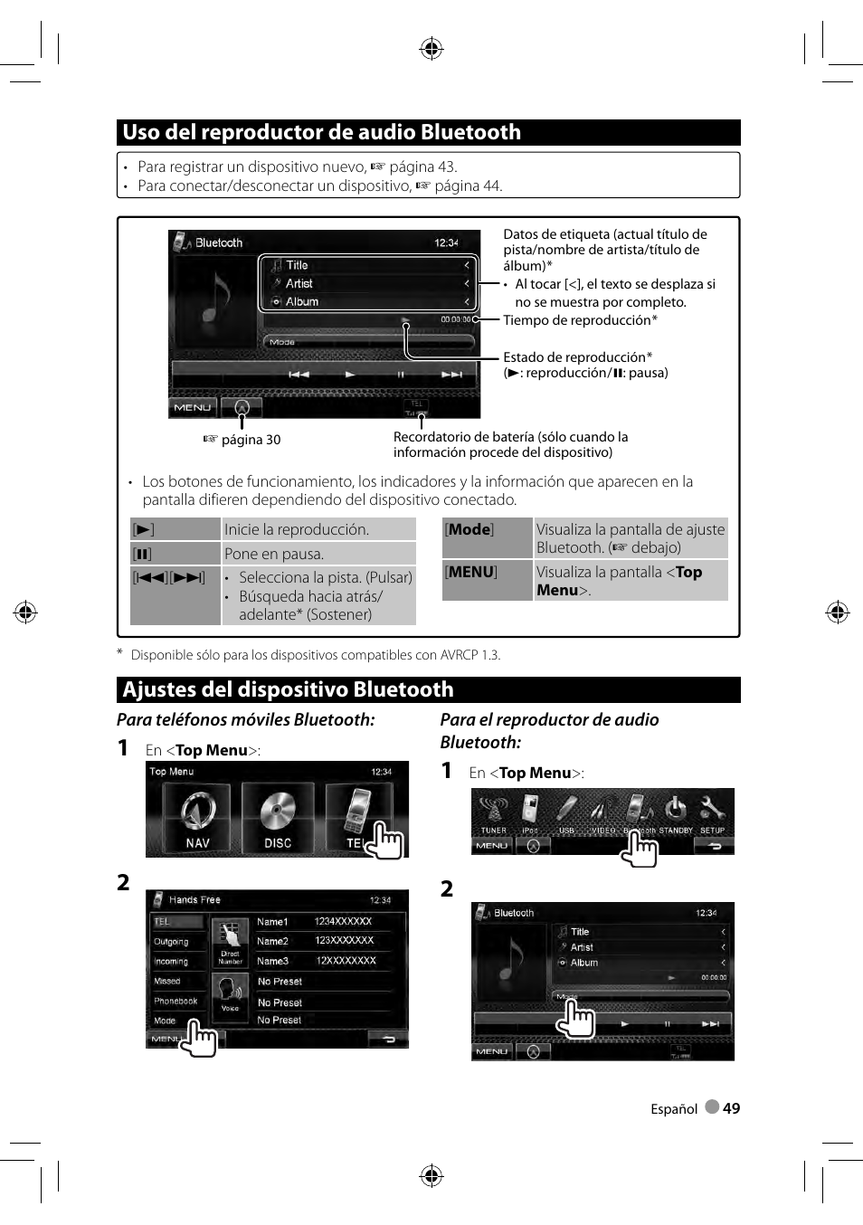 Uso del reproductor de audio bluetooth, Ajustes del dispositivo bluetooth | Kenwood DDX3028 User Manual | Page 49 / 62