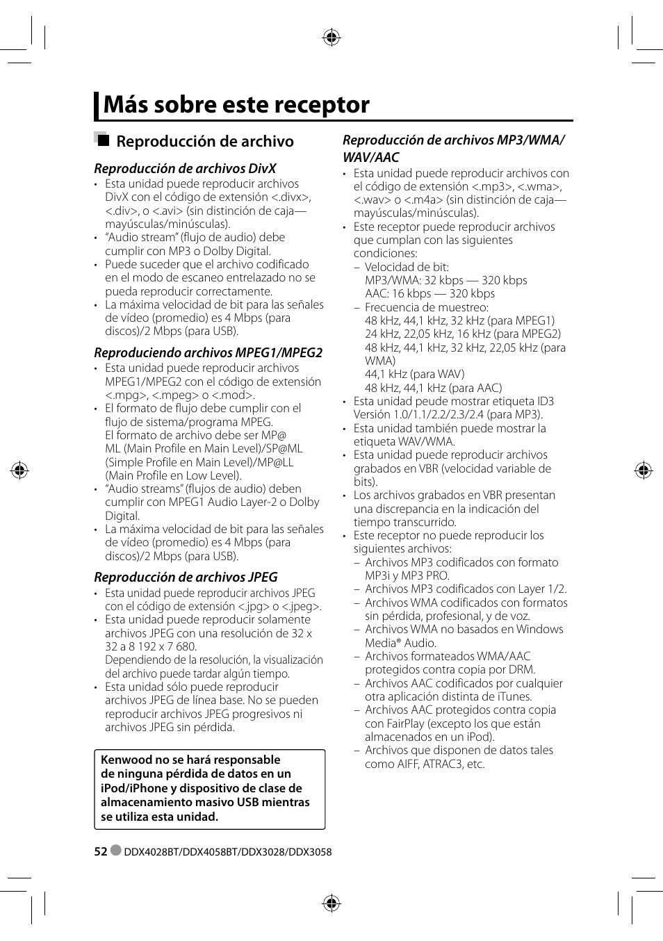 Más sobre este receptor, Reproducción de archivo | Kenwood DDX3028 User Manual | Page 52 / 62