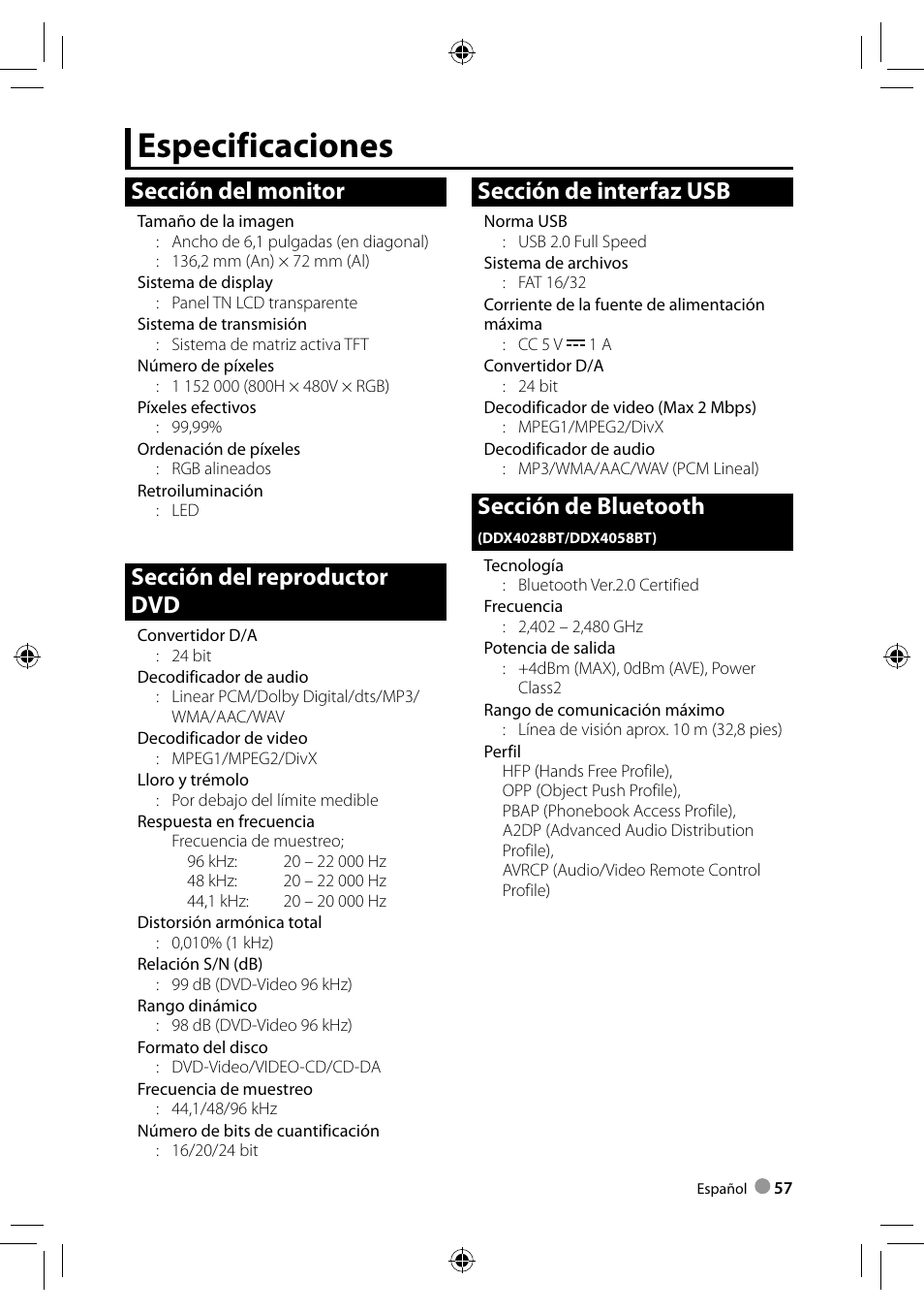 Especificaciones, Sección del monitor, Sección de interfaz usb | Sección de bluetooth | Kenwood DDX3028 User Manual | Page 57 / 62