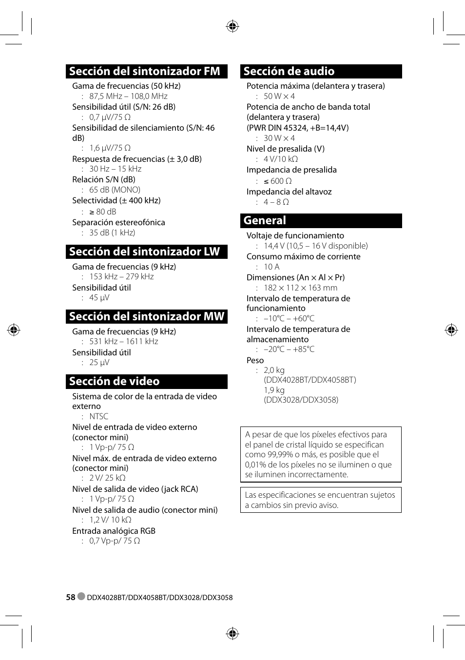 Sección del sintonizador fm, Sección del sintonizador lw, Sección del sintonizador mw | Sección de video, Sección de audio, General | Kenwood DDX3028 User Manual | Page 58 / 62