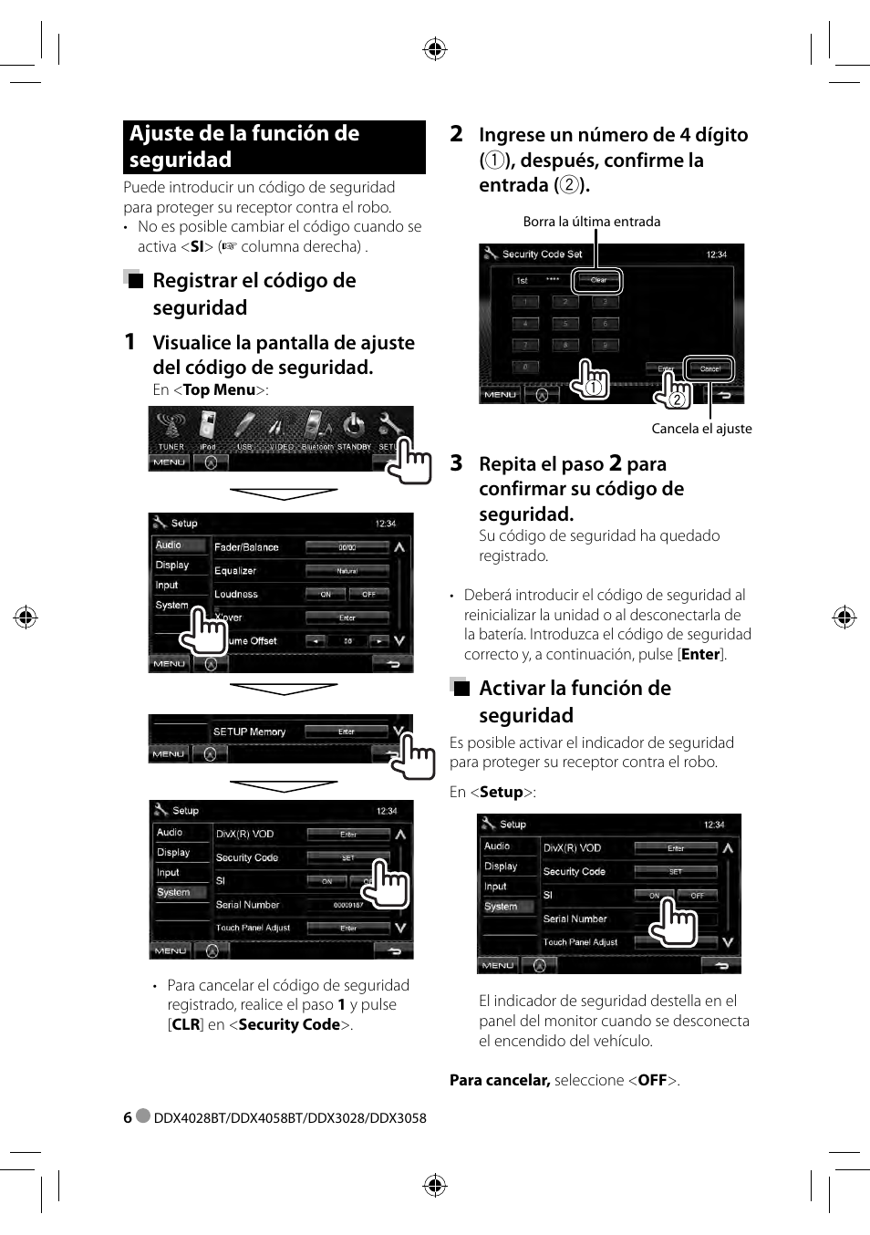 Ajuste de la función de seguridad, Registrar el código de seguridad, Activar la función de seguridad | Kenwood DDX3028 User Manual | Page 6 / 62