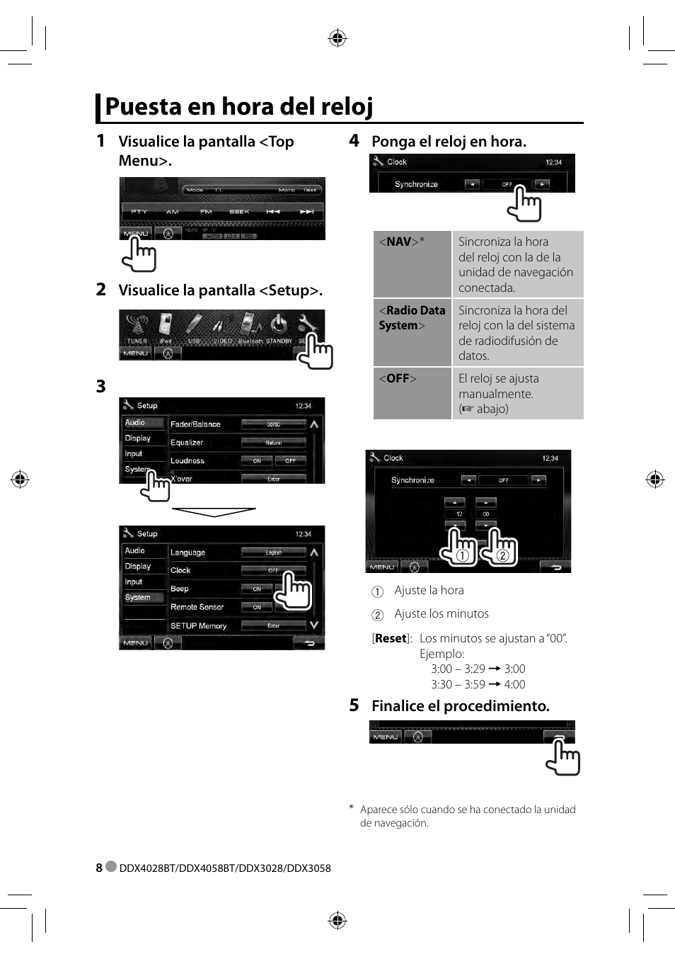 Puesta en hora del reloj | Kenwood DDX3028 User Manual | Page 8 / 62