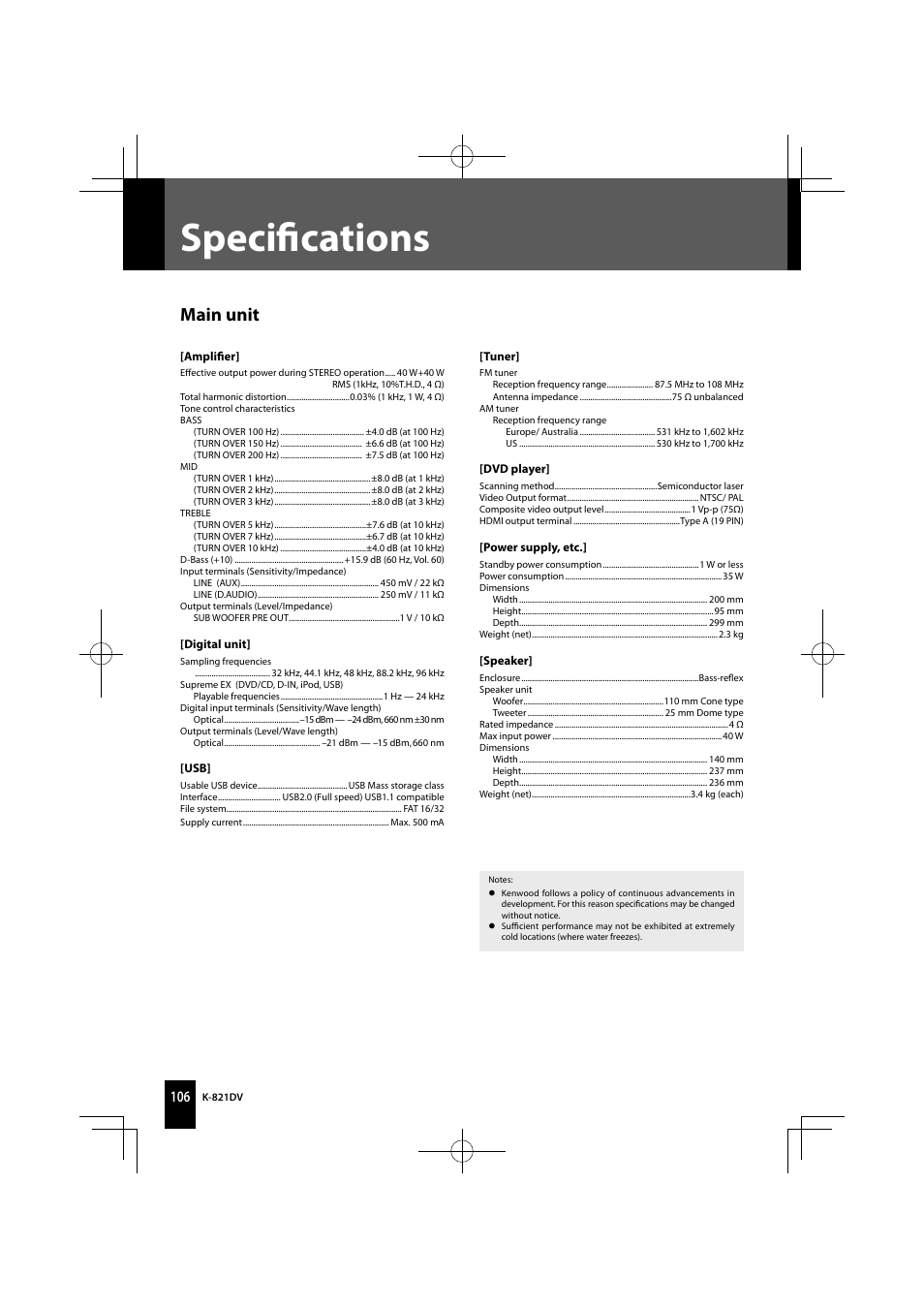 Speciﬁ cations, Main unit | Kenwood K-821DV User Manual | Page 106 / 108