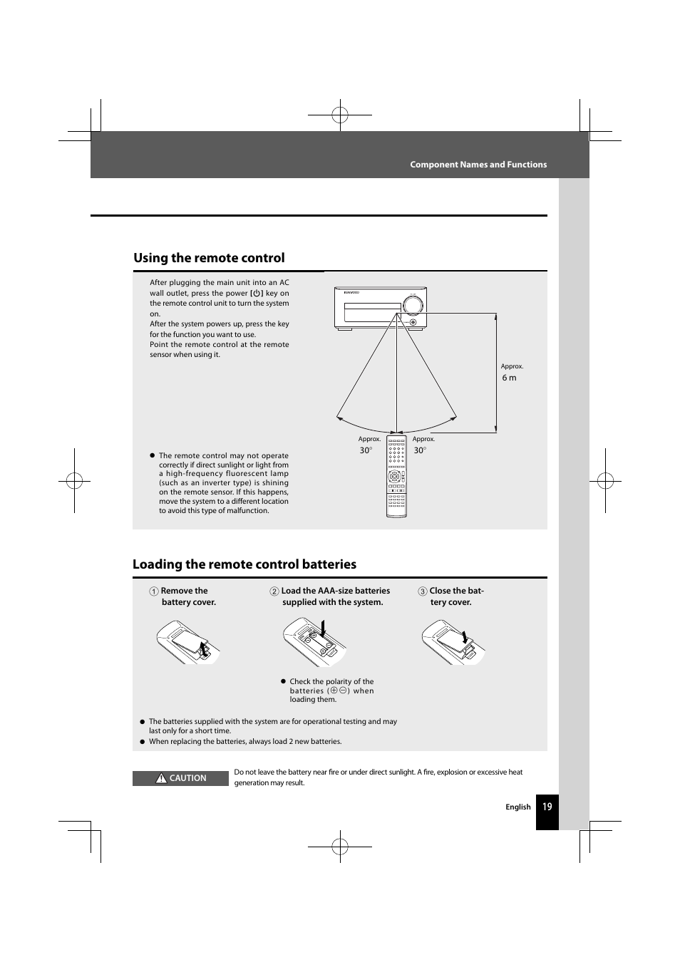 Loading the remote control batteries, Using the remote control | Kenwood K-821DV User Manual | Page 19 / 108