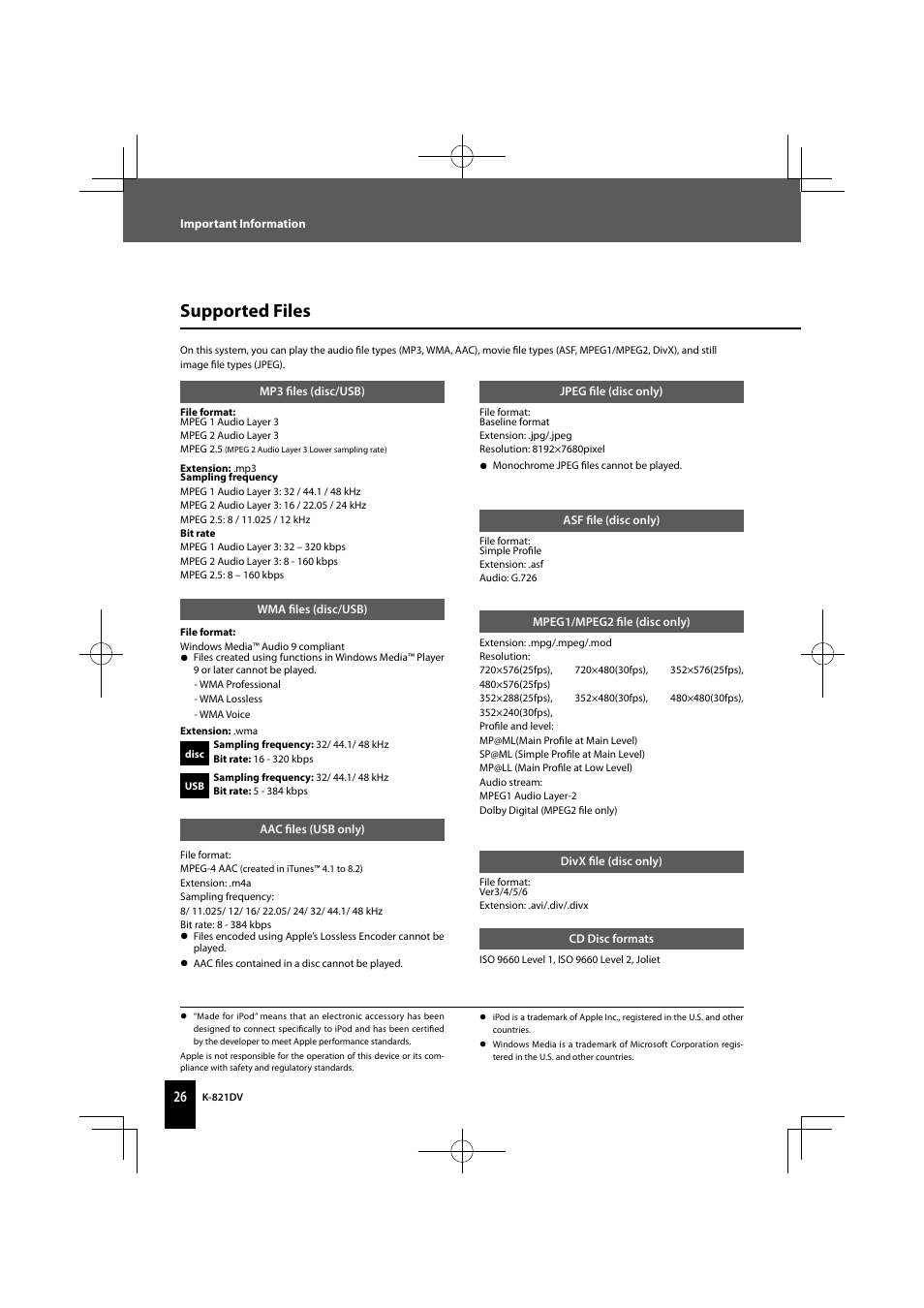 Supported files | Kenwood K-821DV User Manual | Page 26 / 108