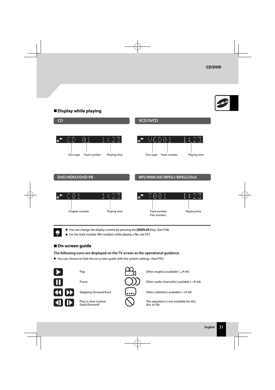 Display while playing  on-screen guide | Kenwood K-821DV User Manual | Page 31 / 108