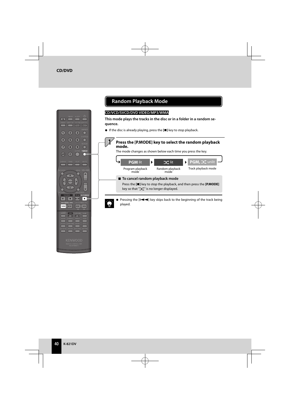 Random playback mode | Kenwood K-821DV User Manual | Page 40 / 108