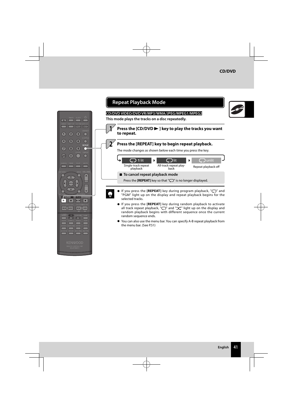 Repeat playback mode | Kenwood K-821DV User Manual | Page 41 / 108