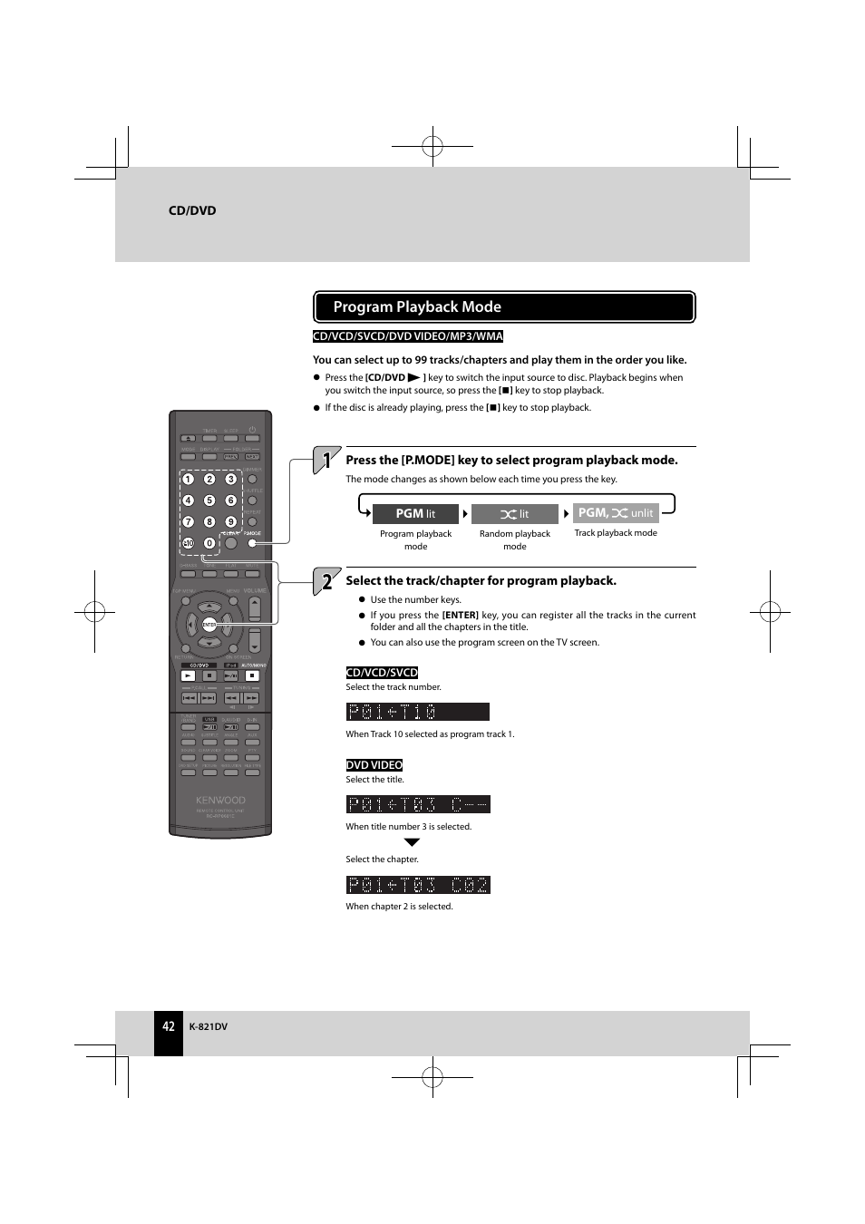 Program playback mode | Kenwood K-821DV User Manual | Page 42 / 108