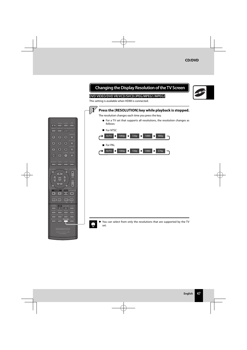 Changing the display resolution of the tv screen | Kenwood K-821DV User Manual | Page 47 / 108