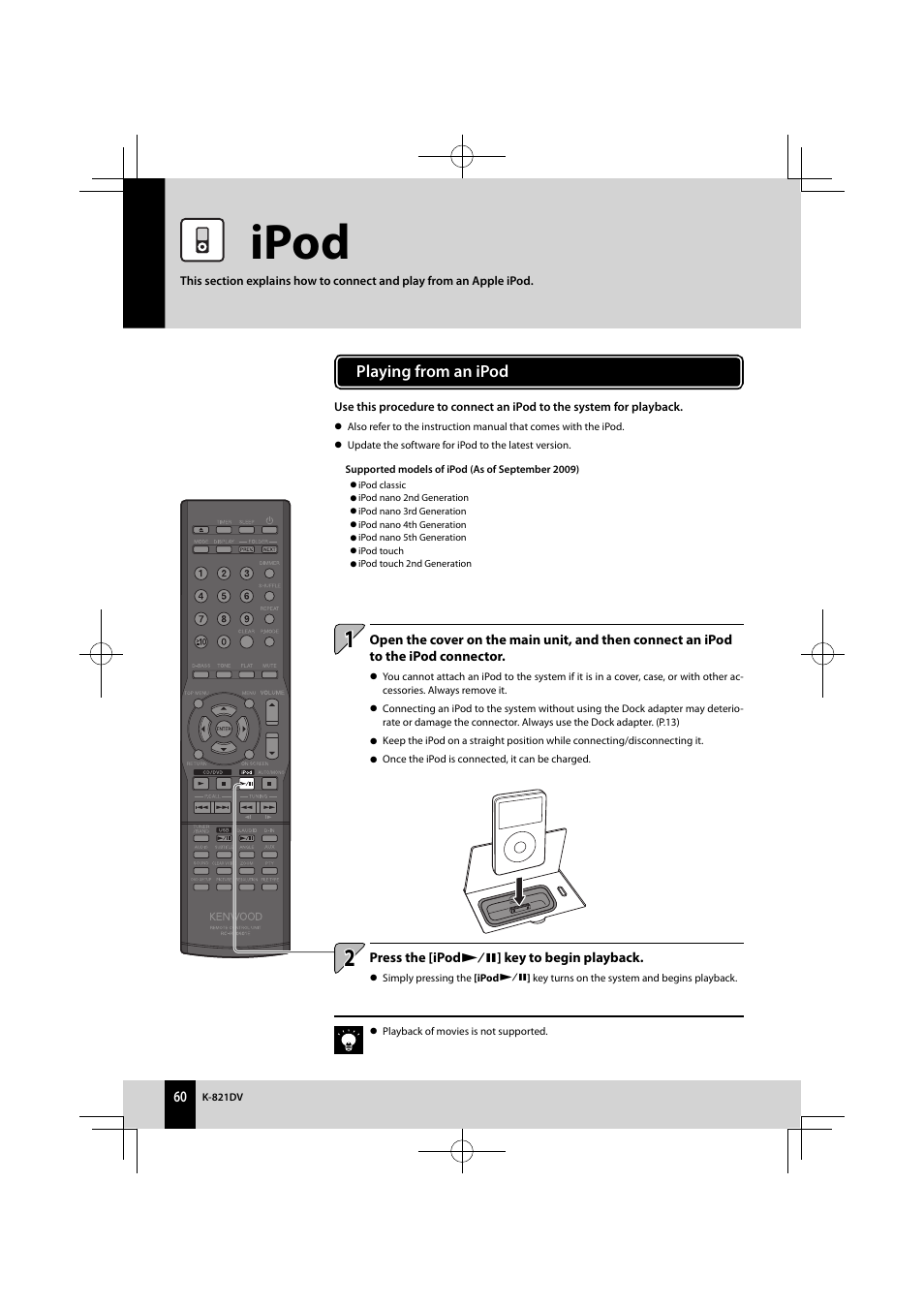 Ipod, Playing from an ipod | Kenwood K-821DV User Manual | Page 60 / 108